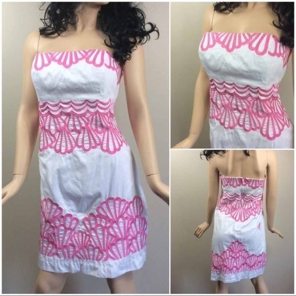 Lilly Pulitzer why the shell not strapless dress. White embroidered. Size 10